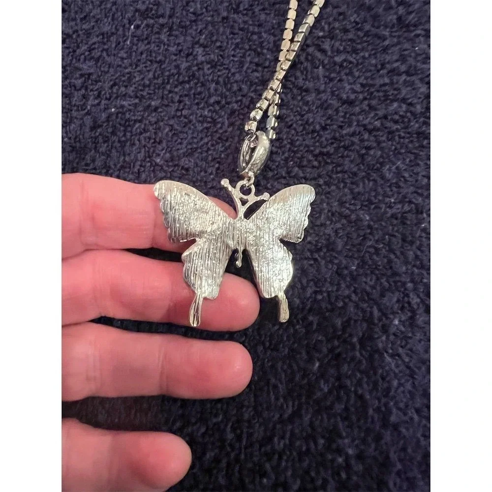 Huerta Jewelry‎ grunge Rhinestone Butterfly Pendant Necklace Silver Tone